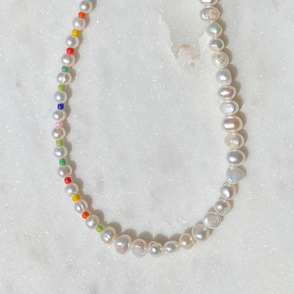 Two-Way Rainbow Freshwater Pearl Beaded Necklace, Beaded Necklace, Pearl Necklace, Seed Bead Jewelry, Gifts for Her/Him, Beaded Choker