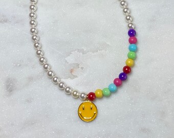 Happy Face Rainbow Swarovski Pearl Beaded Necklace, Pearl Necklace, Smiley Face Charm Necklace Gifts for Her/Him, Beaded Choker