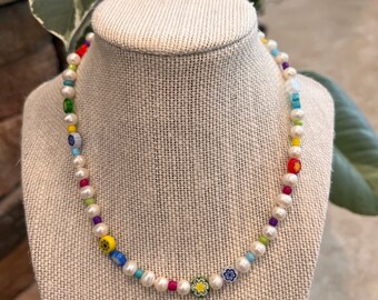 Millefiori Pearl/Glass Beaded Necklace , Pearl Jewelry, Gifts for Her/Him, Beaded Choker