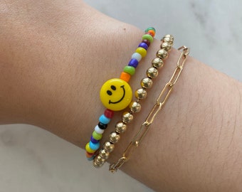 Rainbow Happy Face Freshwater Pearl Beaded Bracelet, Pearl Jewelry, Seed Bead Jewelry, Pearl Stretch Bracelet, Smiley Face Jewelry