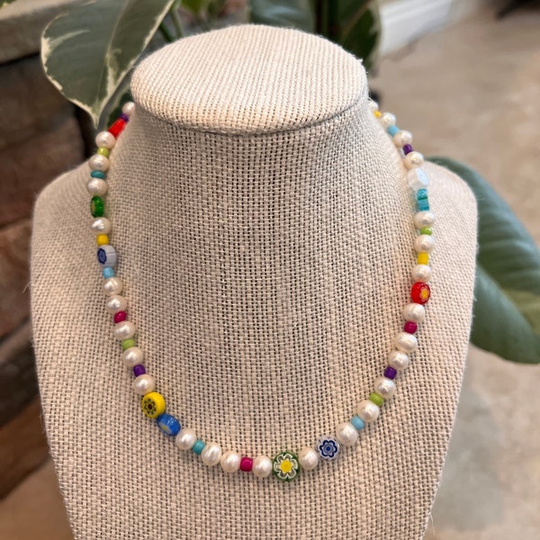 Millefiori Pearl/Glass Beaded Necklace , Pearl Jewelry, Gifts for Her/Him, Beaded Choker