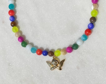 Rainbow Gemstone Beaded Gold Angel Charm Necklace, Beaded Necklace, 18k Gold Plated Angel Charm, Gifts for Her/Him, Beaded Choker