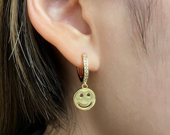 18k Gold Plated Pave/Diamond Happy Face Earrings, Smiley Face Huggies, Gold Jewelry, Happy Face Hoops, Gold Huggie Earring Jewelry