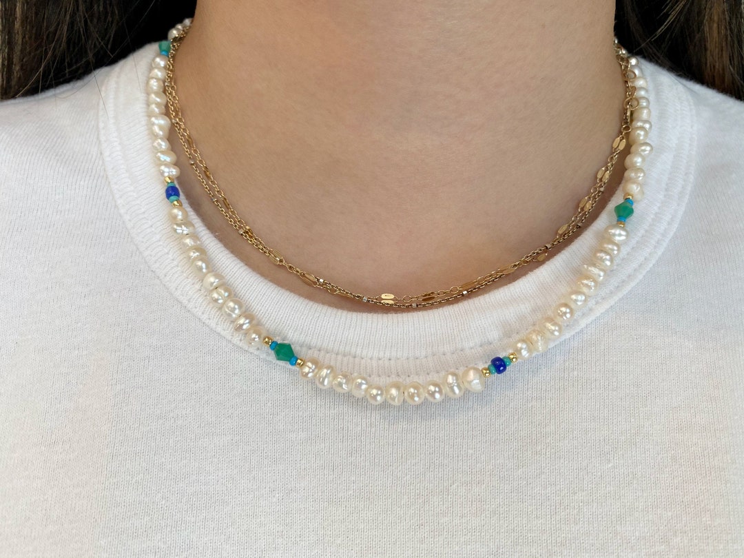 Collier Délicat En Perles D'eau Douce Culturelles - Bleu Turquoise - Argent Sterling - 41-45cm