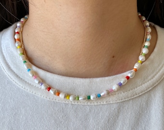 Rainbow Freshwater Pearl Beaded Necklace, Beaded Necklace, Pearl Necklace, Seed Bead Jewelry, Gifts for Her/Him, Beaded Choker