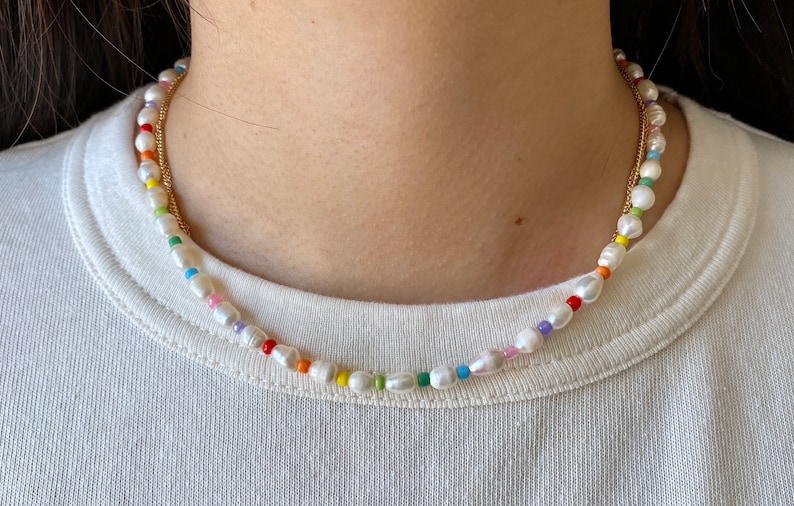 Rainbow Freshwater Pearl Beaded Necklace, Beaded Necklace, Pearl Necklace, Seed Bead Jewelry, Gifts for Her/Him, Beaded Choker image 1