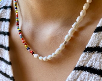 Freshwater Pearl Beaded Necklace, Beaded Necklace, Pearl Necklace, Seed Bead Jewelry, Beach Choker, Genuine Pearl Necklace