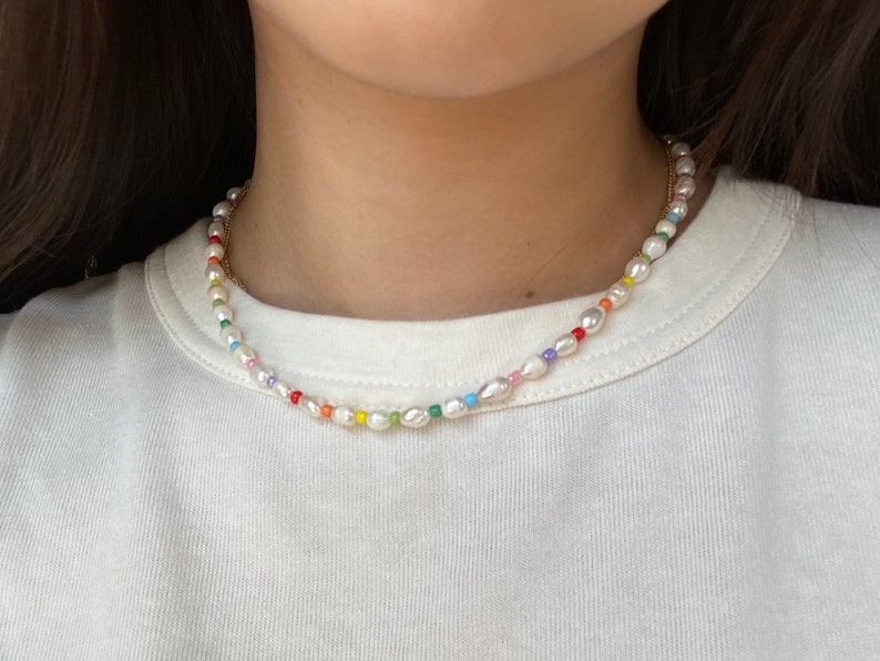 Rainbow Freshwater Pearl Beaded Necklace, Beaded Necklace, Pearl Necklace, Seed Bead Jewelry, Gifts for Her/Him, Beaded Choker image 3
