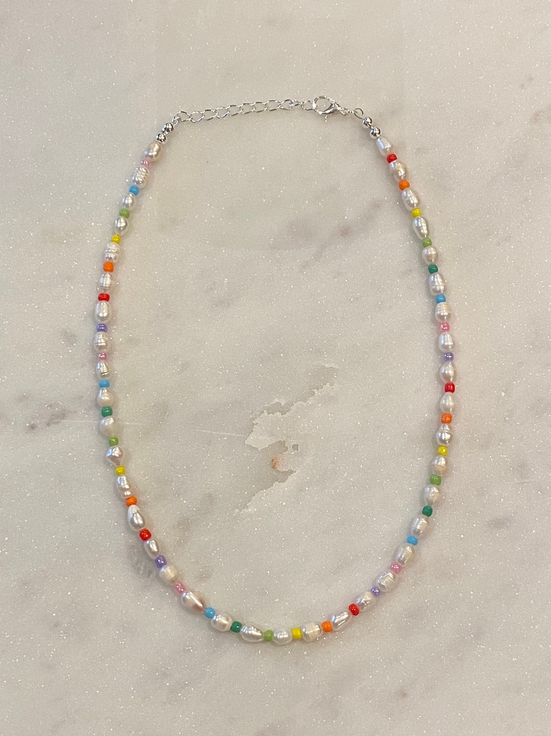 Rainbow Freshwater Pearl Beaded Necklace, Beaded Necklace, Pearl Necklace, Seed Bead Jewelry, Gifts for Her/Him, Beaded Choker image 5