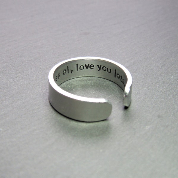 Custom Hidden message hammered Ring adjustable thumbs ring for women, secret message men's ring silver, aluminum hammered ring tiny text