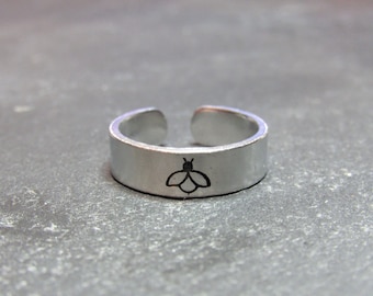 Bee themed ring gifts hand stamped ring adjustable, honey bumble bee ring gifts men's rings for women, Aluminium silver ring for him her