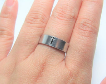 Hand stamped cross ring, religious cross men's rings for women, adjustable thumb ring, Aluminium Christian religious ring gifts for men