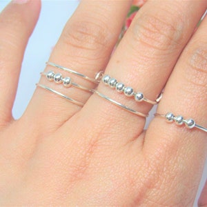 Fidget ring sterling silver anxiety bead ring spinner, fidget anti stress ring, thumb stacking rings for women, cute dainty worry ring
