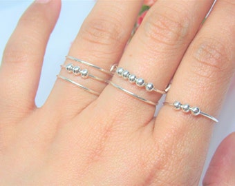Fidget ring sterling silver anxiety bead ring spinner, fidget anti stress ring, thumb stacking rings for women, cute dainty worry ring