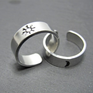 Sun and moon ring set couple promise ring valentines day gift for him, stamped sun and moon promise ring, adjustable ring anniversary gifts