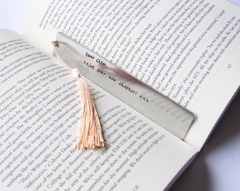 Personalised hand stamped metal bookmark with tassel book lovers gift retirement gift, custom aluminium bookmark birthday gift for him her