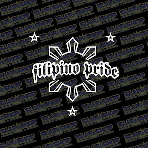 May include: White vinyl decal featuring a stylized sun with eight rays, a symbol of the Philippines, with the text "filipino pride" in a gothic font.