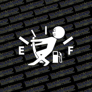 May include: A white stick figure pushing a gas gauge needle to the full mark, with a gas pump icon next to it. The gauge is labeled "E" for empty and "F" for full.