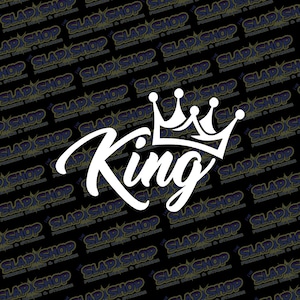 May include: White vinyl decal with the word "King" in a stylized font and a crown above the word.