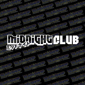 May include: White vinyl decal with the text "MIDNIGHT CLUB" in a bold, blocky font. The text "ミッドナイト" is written in Japanese characters below the English text.