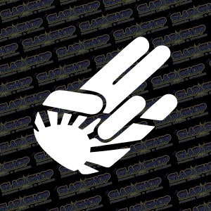 May include: White silhouette of a hand making the peace sign, with a stylized sunburst design behind it.