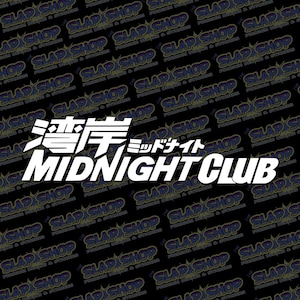 May include: White "MIDNIGHT CLUB" sticker with Japanese characters above. The sticker has a black background with a repeating pattern of "SLAP SHOP" text in a dark blue and gold color.