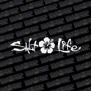 May include: White "Salt Life" text with a hibiscus flower graphic. The design is set against a black background with a repeating pattern of "Slap Shop" text. This design is suitable for stickers, apparel, or accessories.