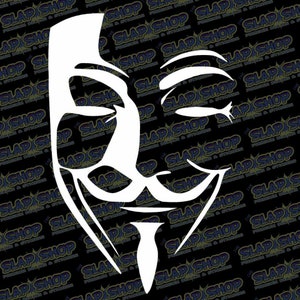 May include: A white silhouette of the iconic Anonymous mask, featuring a stylized face with a wide smile and a prominent nose. The mask is often associated with online privacy and anonymity.
