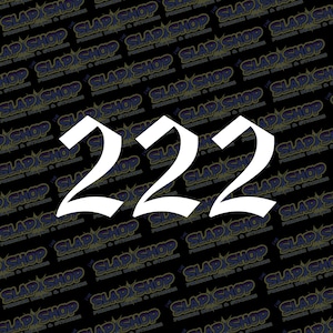 May include: White number 222 in a gothic font style. The number is outlined in black and set against a black background.