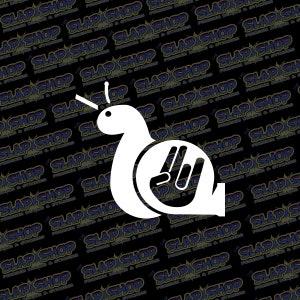 May include: White snail sticker with a hand making the 'peace' sign on its shell.