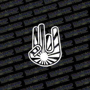 May include: A white sticker with a hand making the 'shocker' hand gesture. The hand is outlined in black and has a sunburst design behind it.