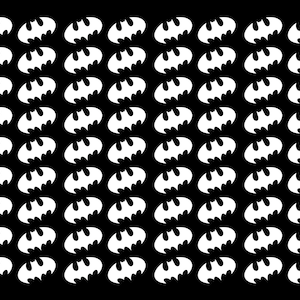 May include: A black background is covered with a repeating pattern of white Batman logos. The logos are stylized bat silhouettes, evenly spaced across the surface. The design is simple and graphic.