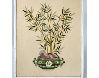 70s Crewel Embroidery Bamboo Shoots Jade Bowl Framed Elsa Williams 17" Asian Wow