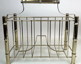 MCM Brass Tone Gold Metal Bamboo Magazine Rack Record Book Holder 16x10" Vintage