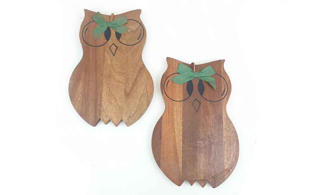 Mid Century Modern Wooden Owl Wall Art Cutting Board Pair Vintage