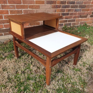 Mid Century Modern Teak & White Laminate Two Tier End Table 29x22x22" Vintage Message For Shipping Quote