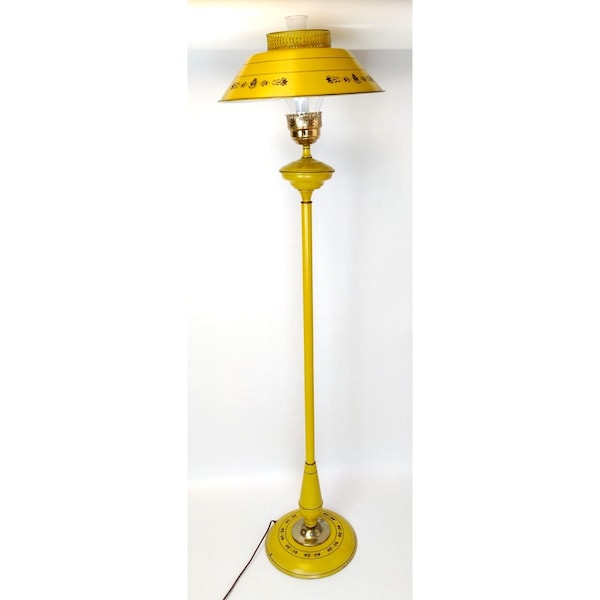 50s Golden Sunburst Yellow Tole Ware Metal Hurricane Floor Lamp 54" Mid-Century