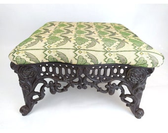 Antique Padded Green & Gold Fabric Footstool Ornate Cast Iron Rose Motif Base