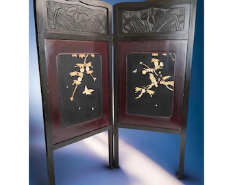 Japanese Shibayama Small 2 Panel Folding Screen 35x30" Carved Wooden Chinoiserie