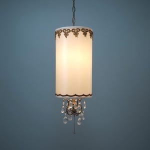 60s Hollywood Regency Hanging Drum Shade Swag Lamp Light Ornate Brass & Crystal