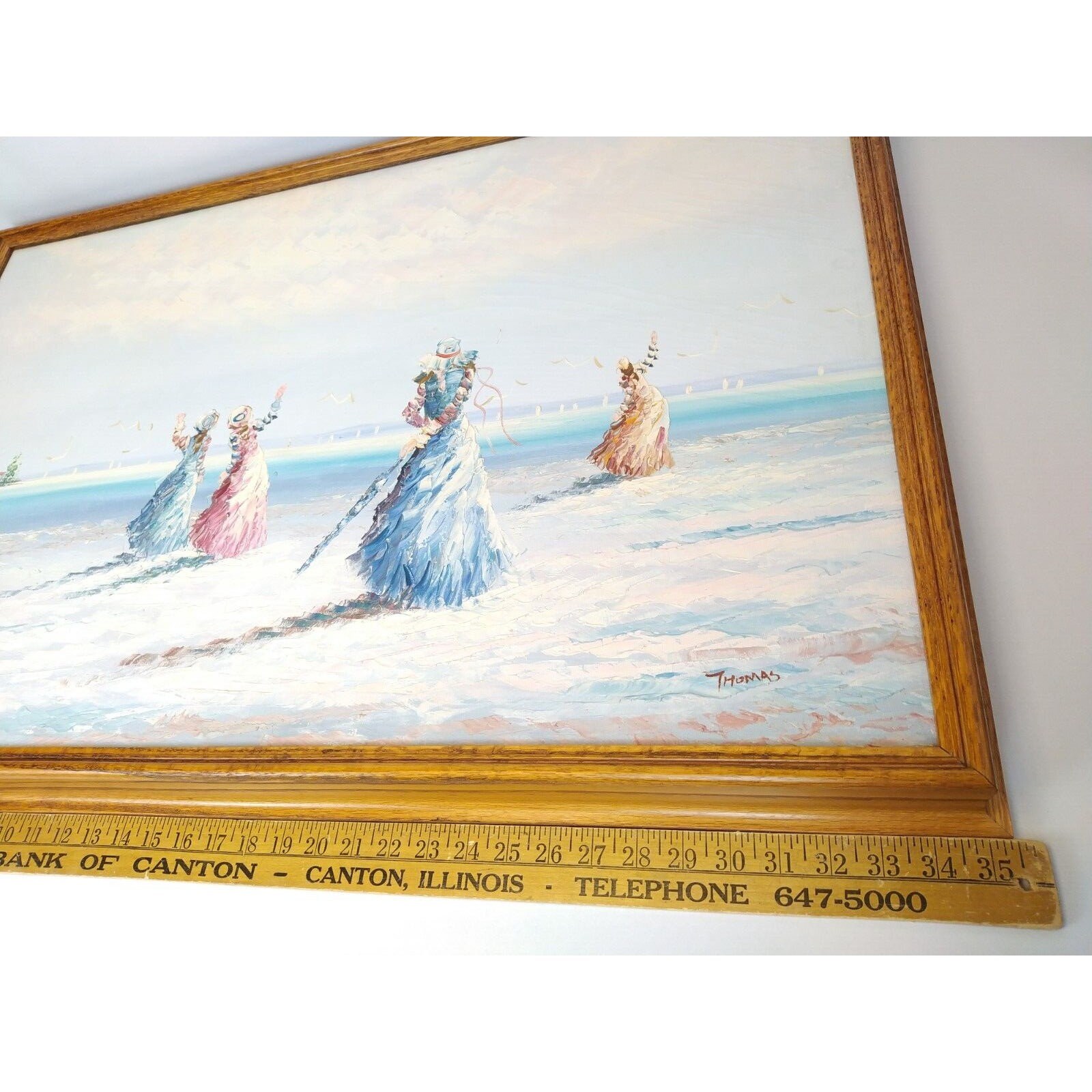 1900s Ladies on the Beach Signed Thomas Orig Oil Painting 35x24