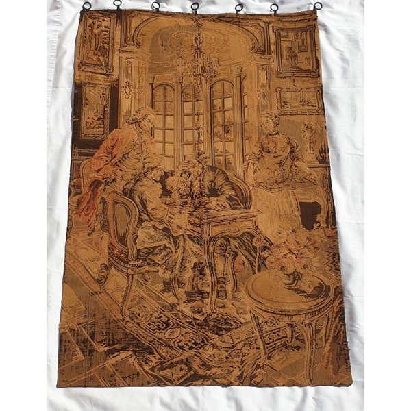 Large Antique French Tapestry 56x36" Louis XVI Style Men Playing Chess Scene