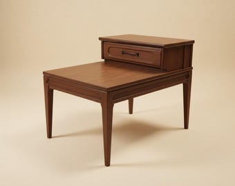 70s Mersman Mid Century Modern Step Up End Table Wood Walnut 2-Tier Drawer 3121