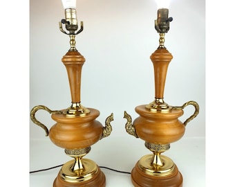 MCM Turned Wood & Ornate Brass Teapot Table Lamp Pair Unique Vintage Kitschy