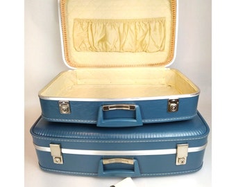 1960s Hard Shell Suitcase Nesting Pair Retro Blue Travel Luggage w/Keys MCM