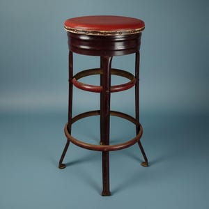 60s Comfort Lines Industrial Bar Stool Red Vinyl Steel Metal 30" T Backless Old