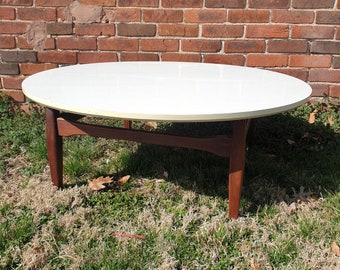 Mid Century Modern Teak & White Laminate Round Coffee Table - 40X15" - Retro Vintage Furniture MCM VTG Free Delivery