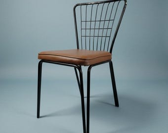 Daystrom 1970s Wrought Iron Wire Mesh Dining Chair Tan Vinyl Seat