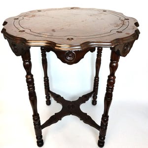 1933 Victorian Parlor Table Scalloped Edge w/Medallions 29" T 26" D Plant Stand