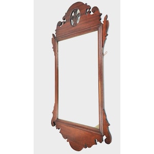 Antique Fleur de Lis Feather Scroll Chippendale Mahogany Wood Wall Mirror 38x19&quot;